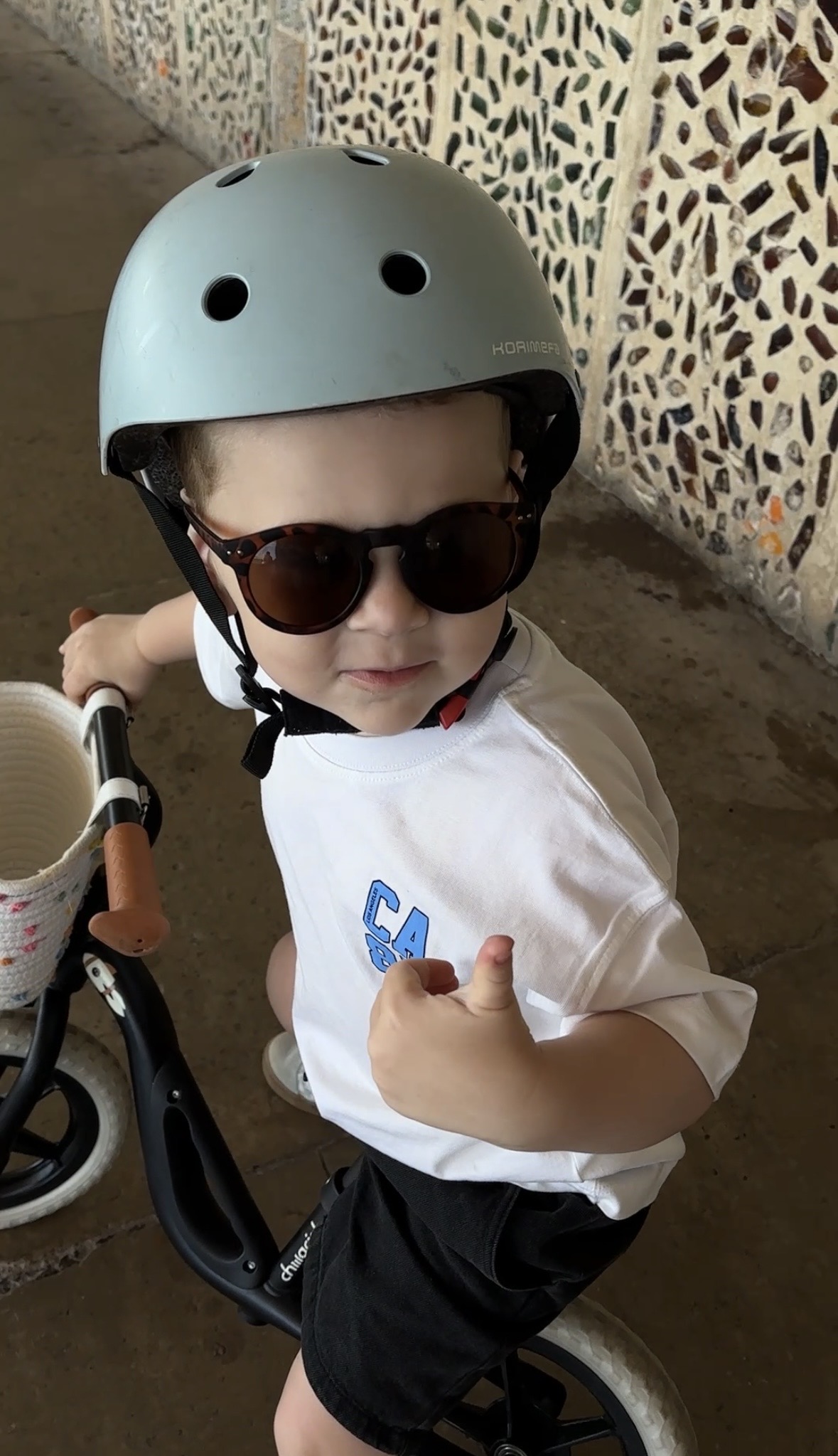 Ira wearing his helmet and sunglasses